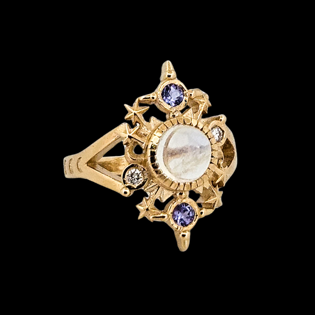 Alignement Ring - Gold, Rainbow Moonstone, Tanzanite and Diamond - Inchoo Bijoux