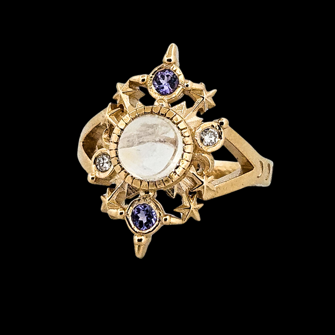Alignement Ring - Gold, Rainbow Moonstone, Tanzanite and Diamond - Inchoo Bijoux