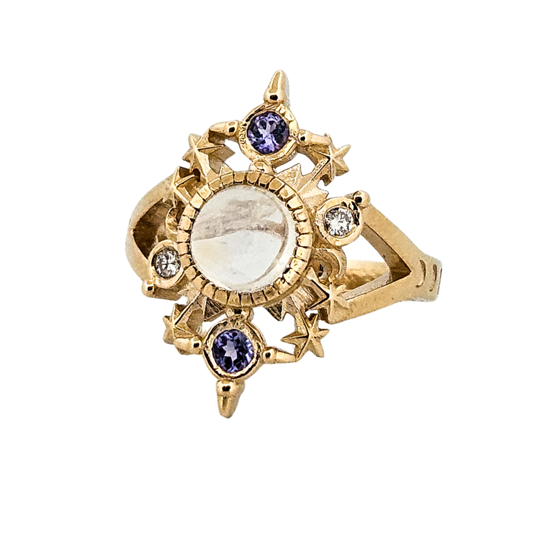 Alignement Ring - Gold, Rainbow Moonstone, Tanzanite and Diamond - Inchoo Bijoux