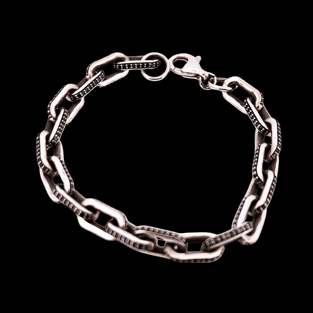 Black Gemstone Set Link Sterling Silver Bracelet
