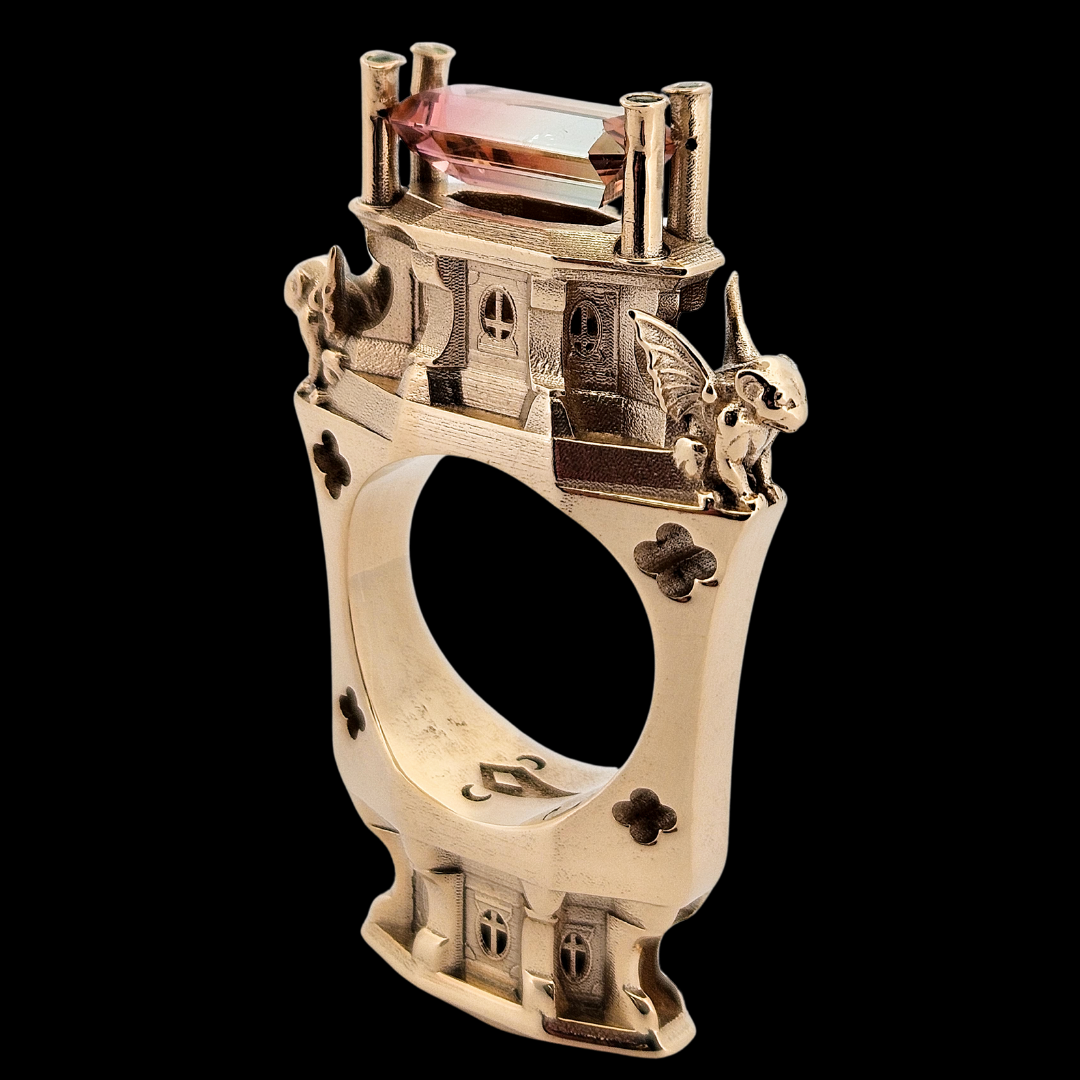 The Protectors - Gargoyles - 14K Yellow Gold, Bi-Color Tourmaline, Morganite and Apple Green Tourmaline Statement Ring