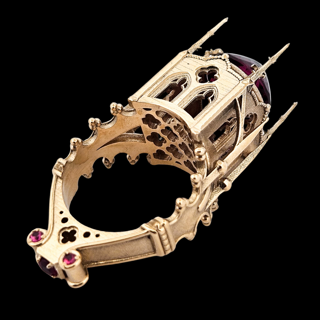 The Temple of Temptations - 14K Yellow Gold, Raspberry Garnet, Pink Spinelle and Ruby Ring