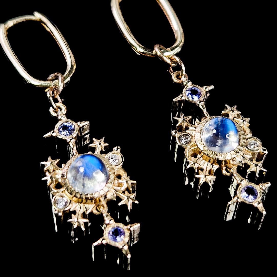 Alignement Dangle Hoop Earrings - Gold, Rainbow Moonstone, Tanzanite & Diamond - Inchoo Bijoux