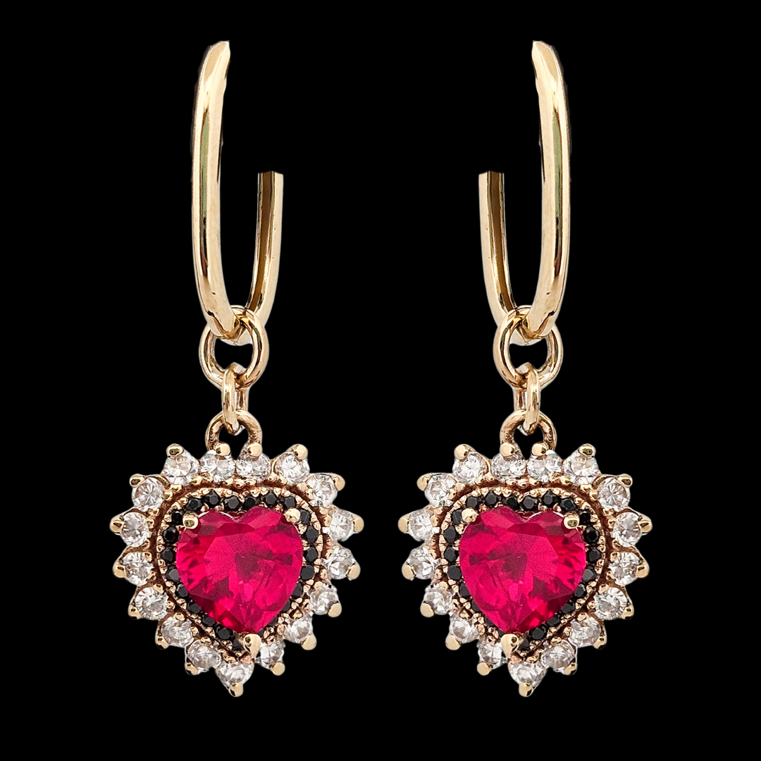 Immaculate Dangle Sacred Heart Earrings - Gold, Garnet and Diamonds - Inchoo Bijoux