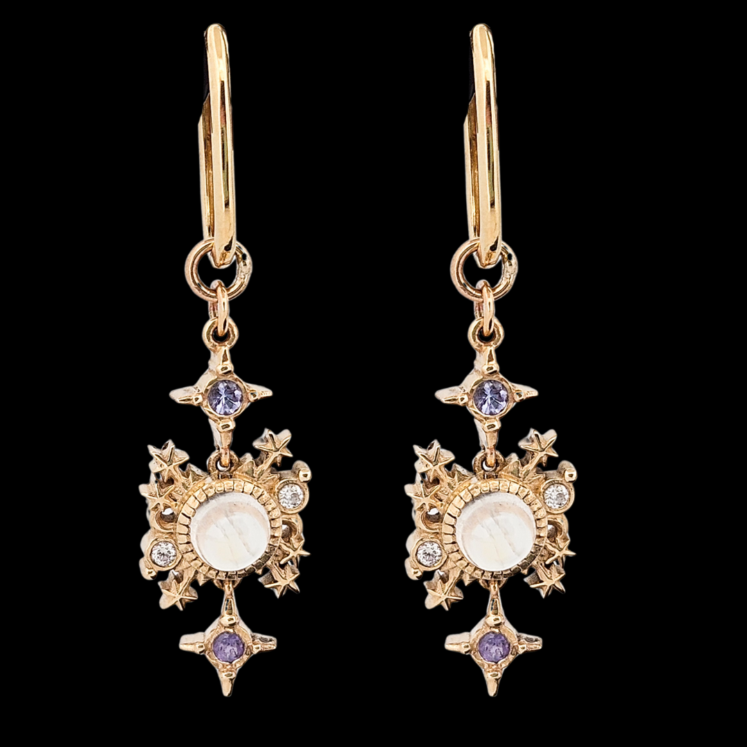 Alignement Dangle Hoop Earrings - Gold, Rainbow Moonstone, Tanzanite & Diamond - Inchoo Bijoux
