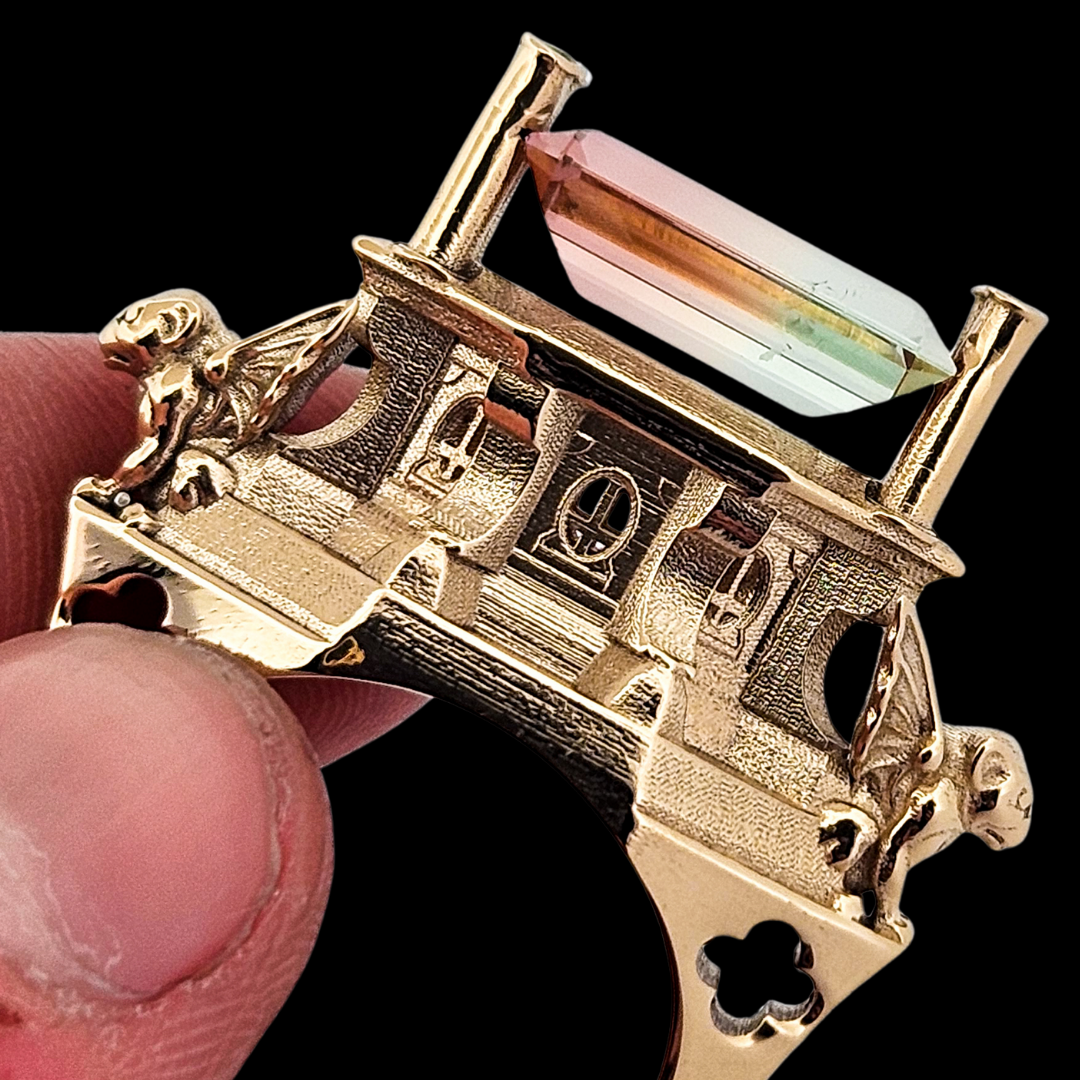 The Protectors - Gargoyles - 14K Yellow Gold, Bi-Color Tourmaline, Morganite and Apple Green Tourmaline Statement Ring