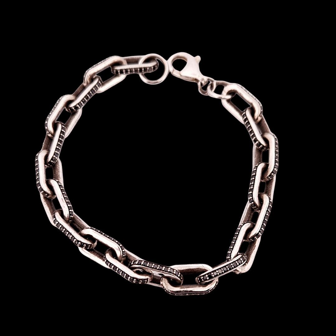 Black Gemstone Set Link Sterling Silver Bracelet