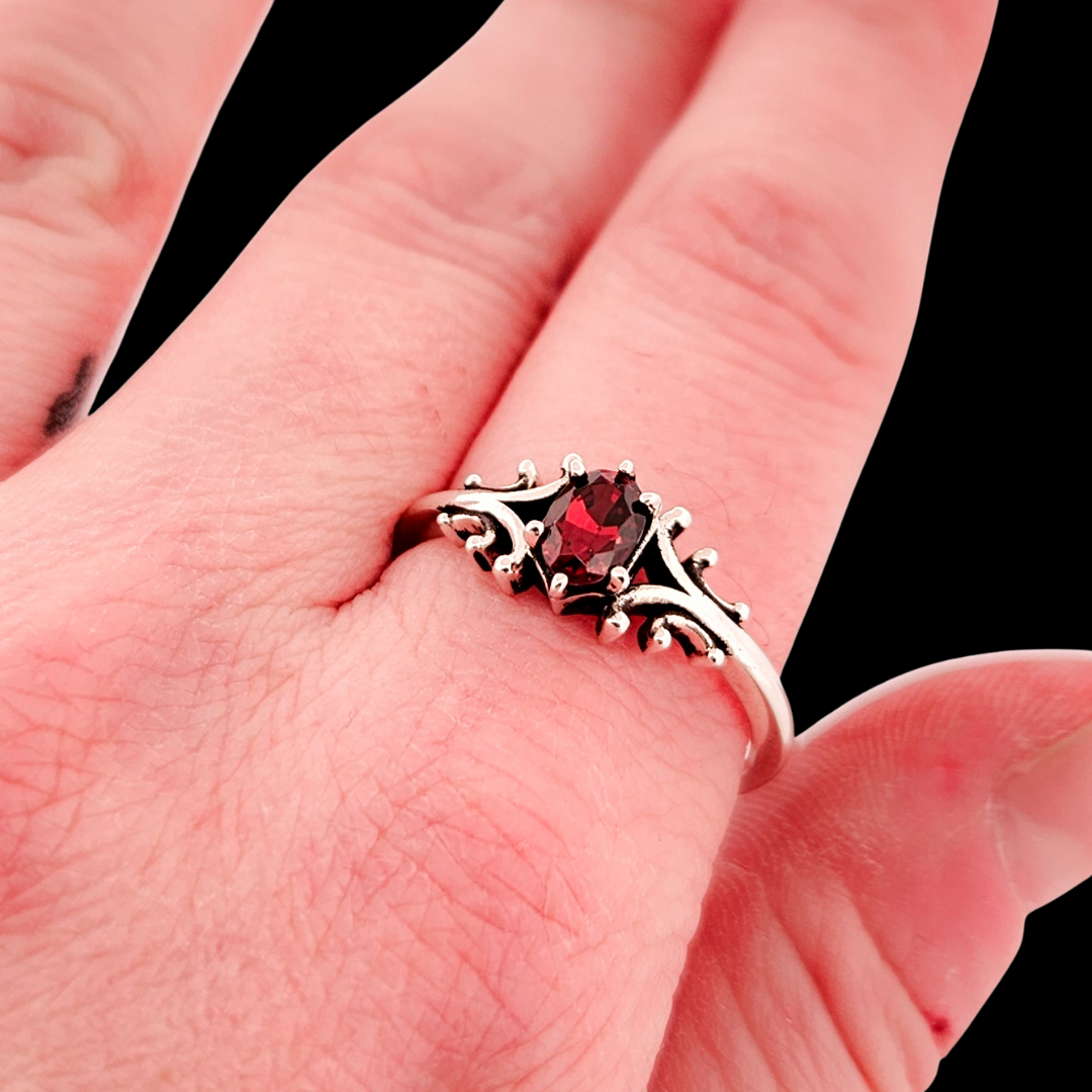 Small Temple Ring Sterling Silver Red Garnet- Gemstone Options