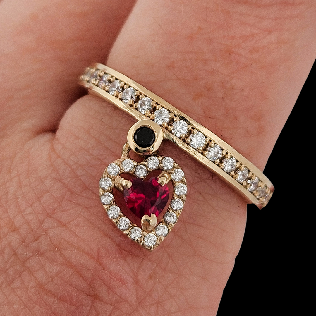 Locked and Loved Dangling Heart Eternity Ring - Ruby, Diamonds and Gold - Inchoo Bijoux