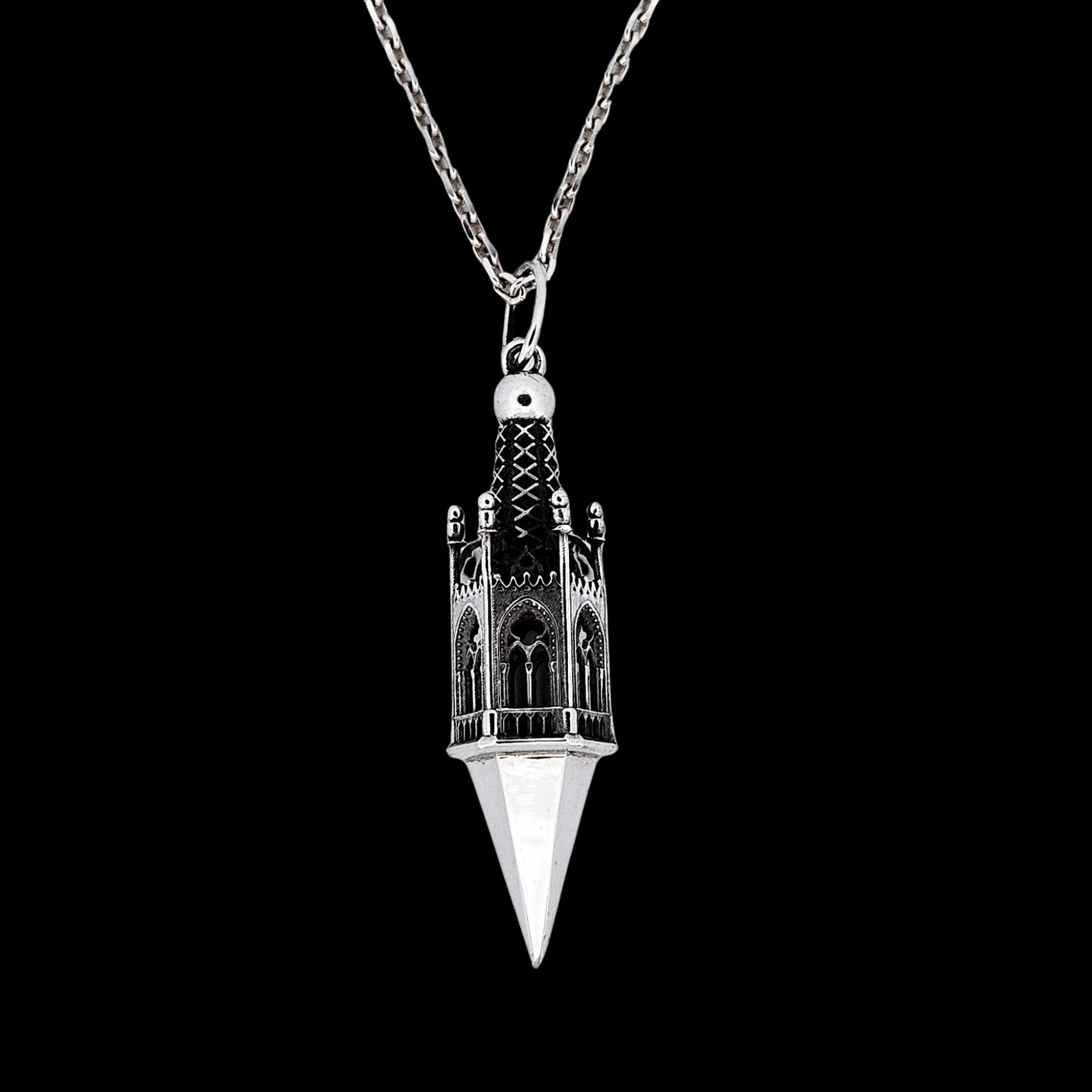 Gothic Tower Pyramid Pendant Necklace Sterling Silver - Inchoo Bijoux
