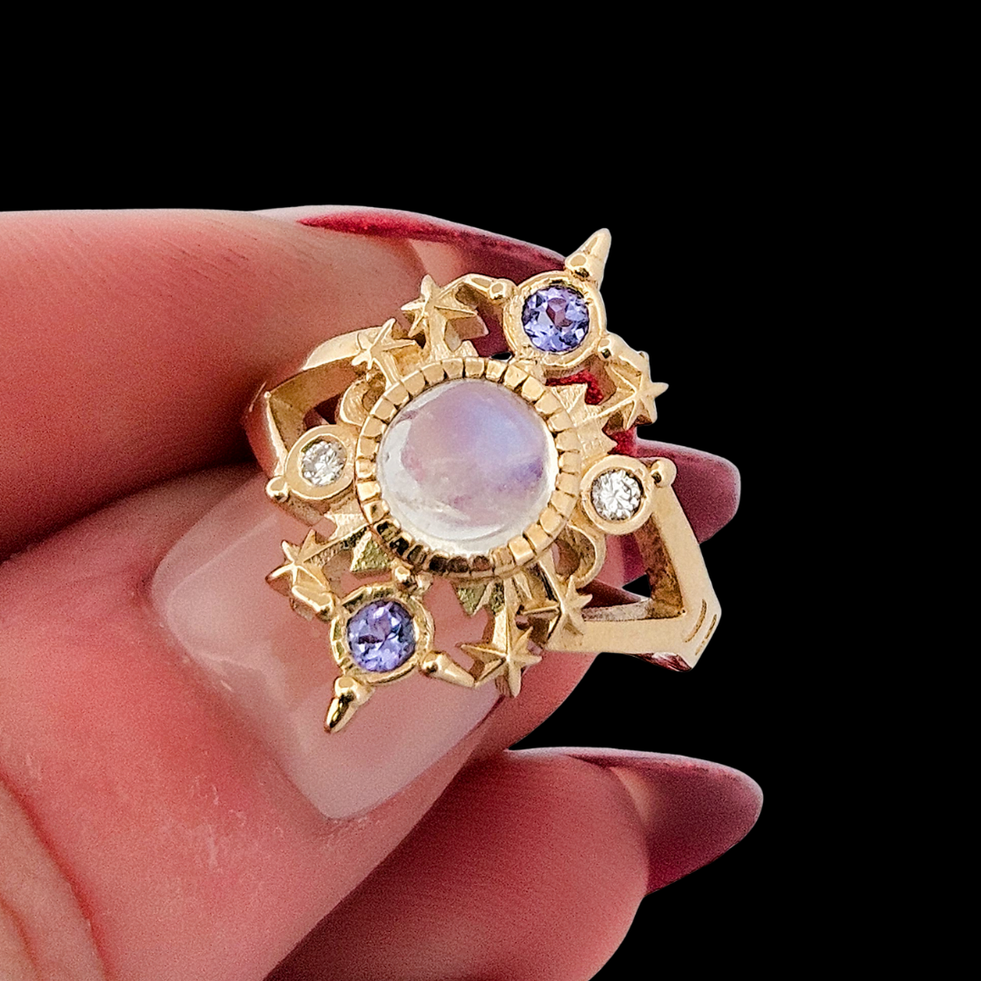 Alignement Ring - Gold, Rainbow Moonstone, Tanzanite and Diamond - Inchoo Bijoux