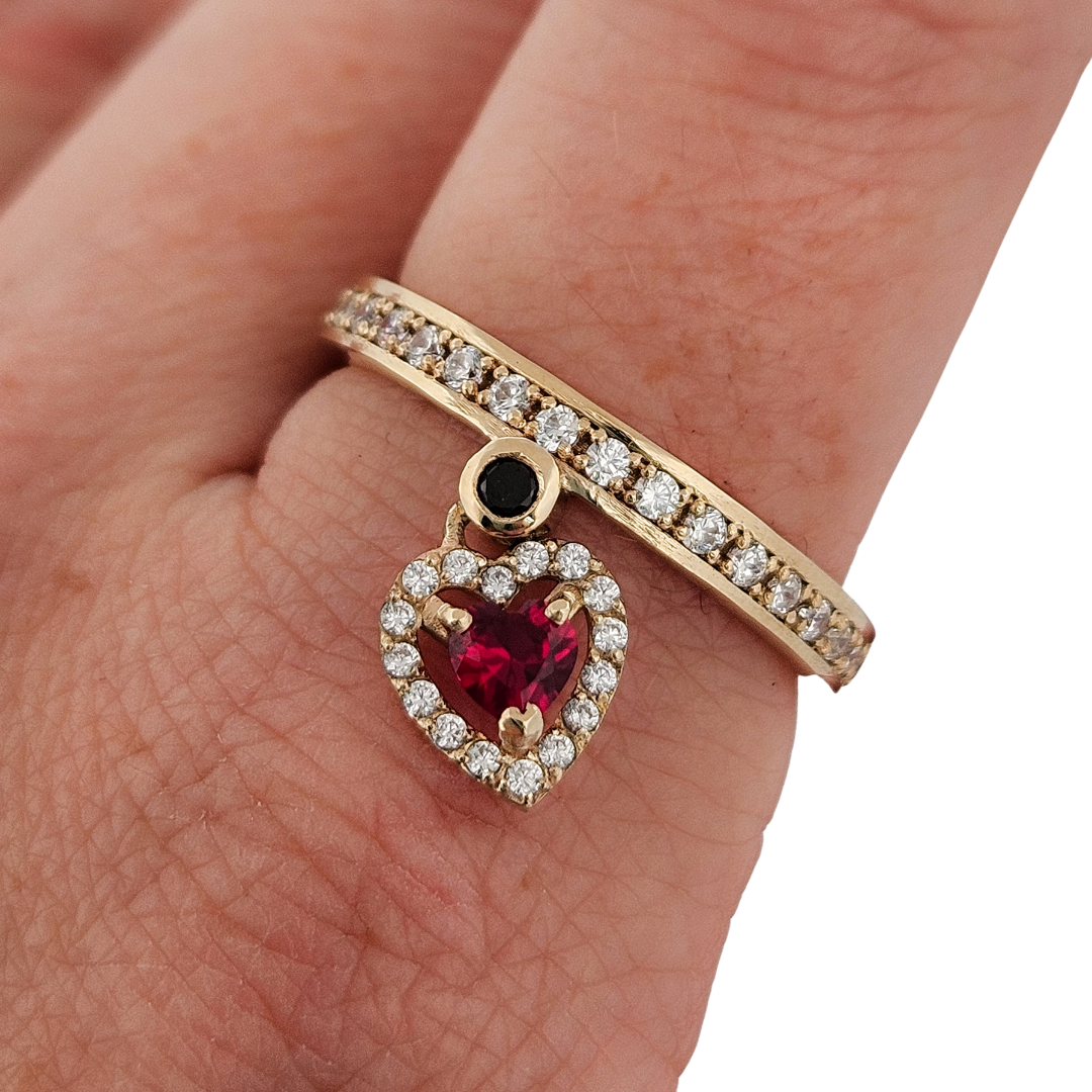 Locked and Loved Dangling Heart Eternity Ring - Ruby, Diamonds and Gold - Inchoo Bijoux