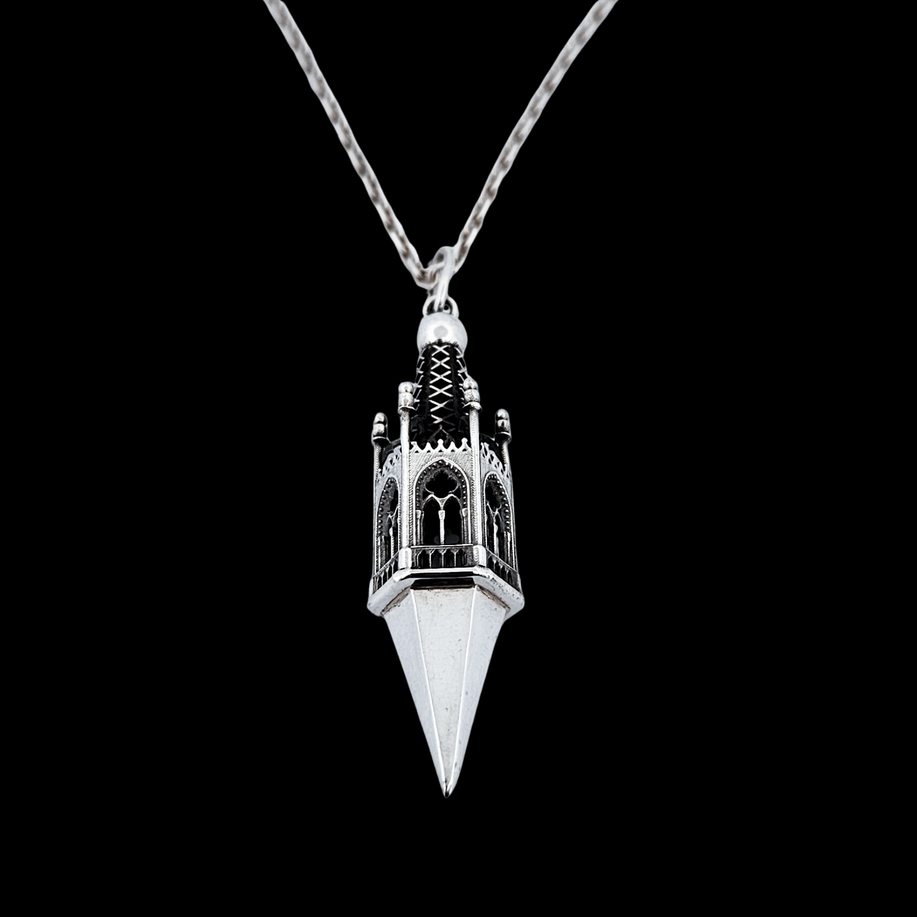 Gothic Tower Pyramid Pendant Necklace Sterling Silver - Inchoo Bijoux