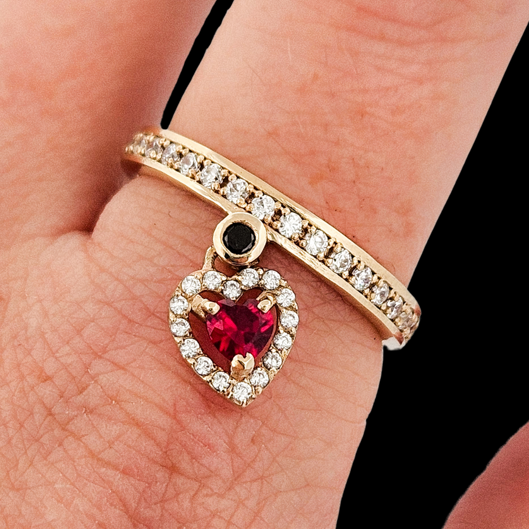 Locked and Loved Dangling Heart Eternity Ring - Ruby, Diamonds and Gold - Inchoo Bijoux