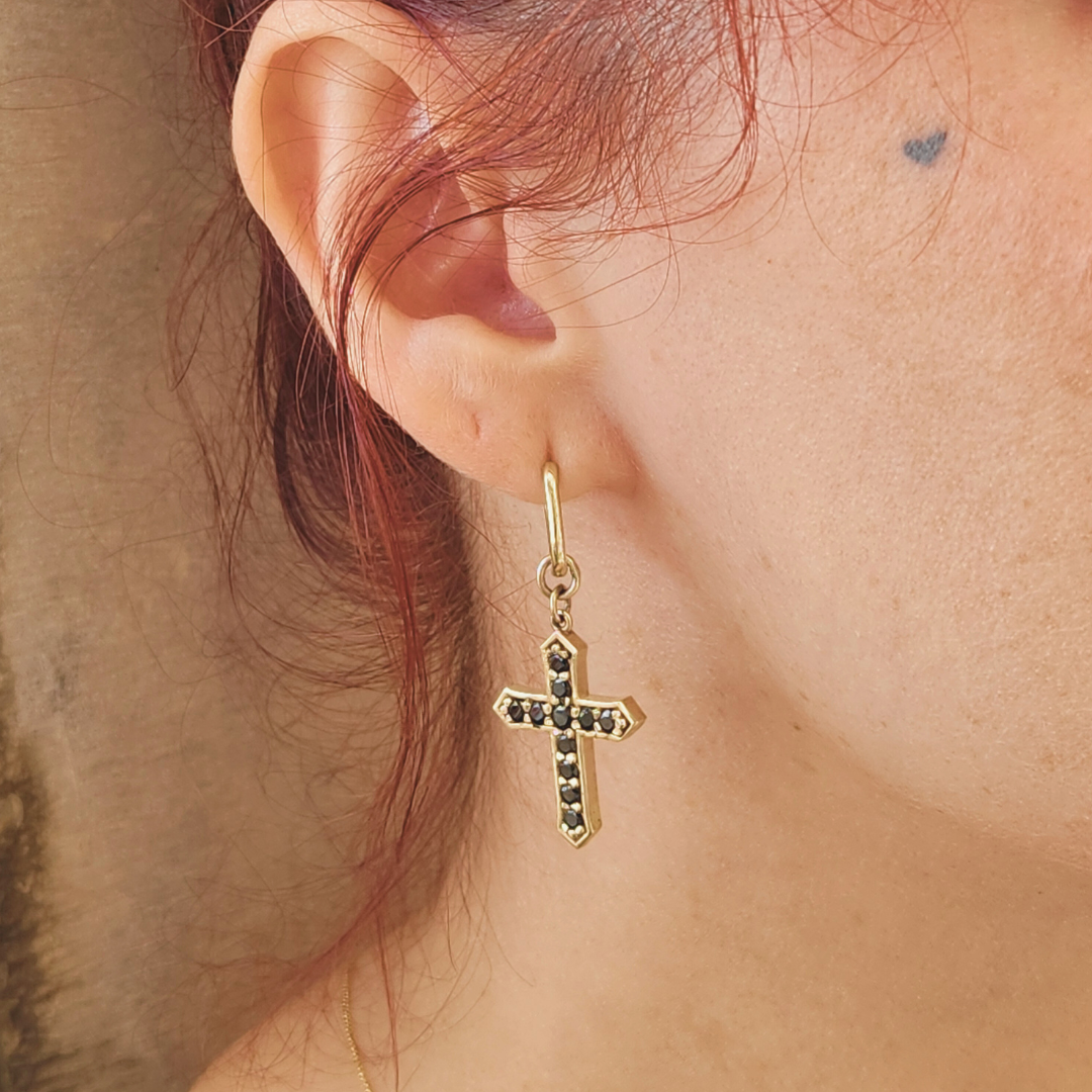 Protected Dangle Cross Earrings - Gold and Black Diamond - Inchoo Bijoux