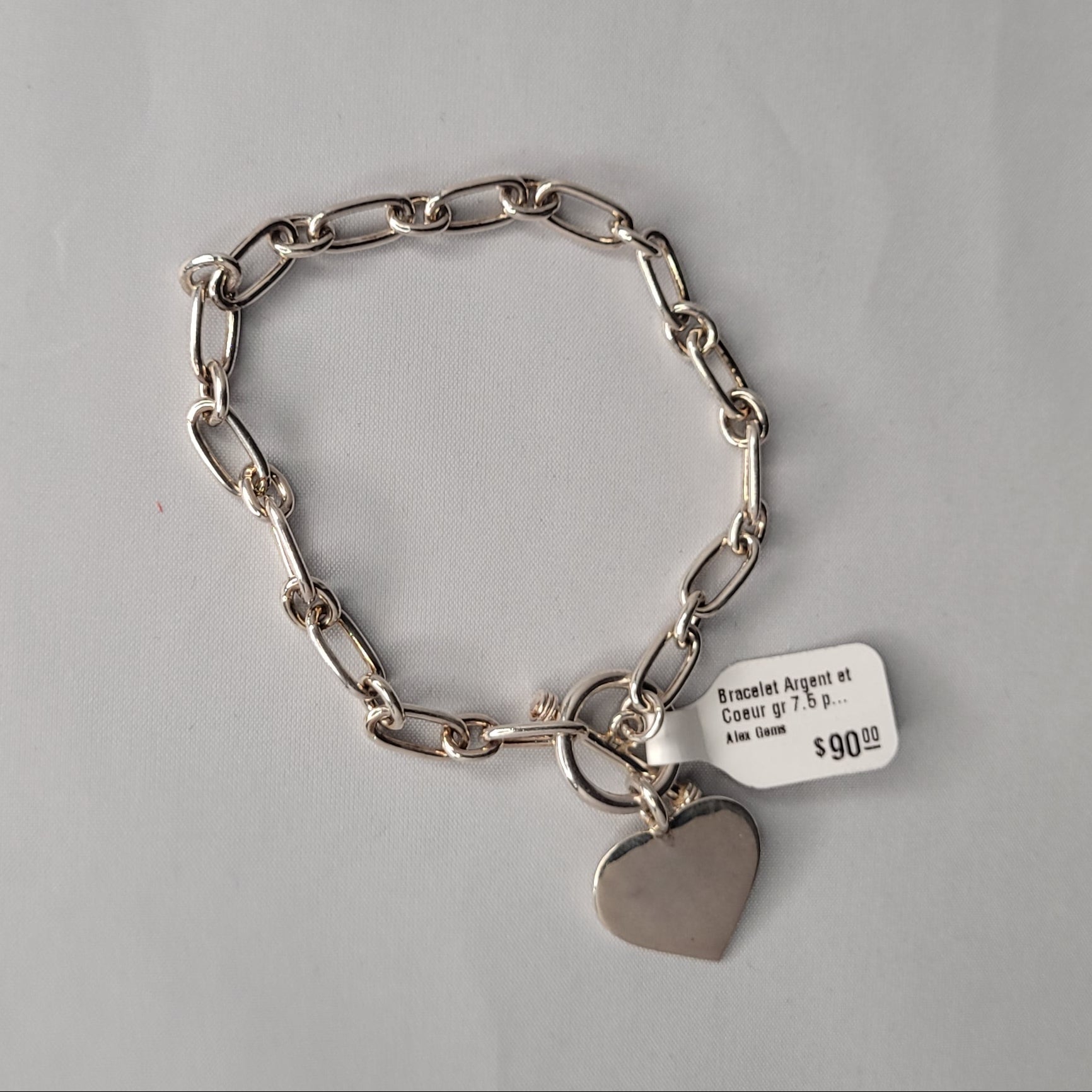 Bracelet Argent et Coeur gr 7.5 pouces