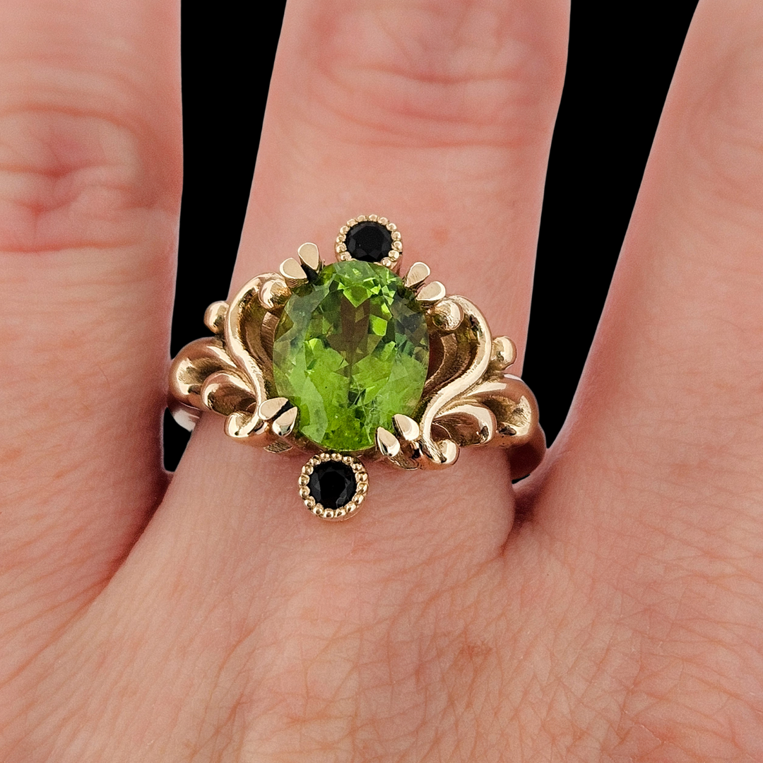 Baroque Dream Ring - Peridot & Black Diamond Ring - Inchoo Bijoux