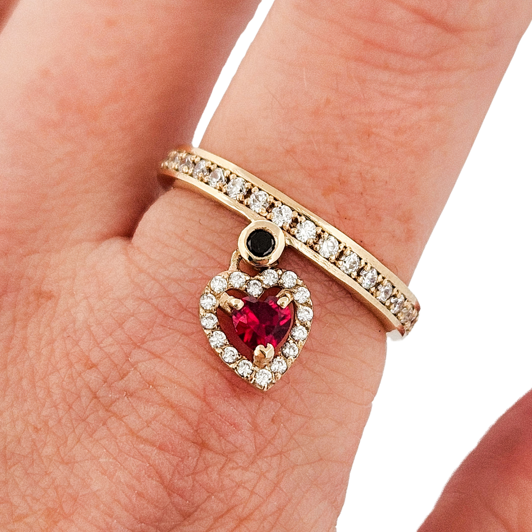 Locked and Loved Dangling Heart Eternity Ring - Ruby, Diamonds and Gold - Inchoo Bijoux