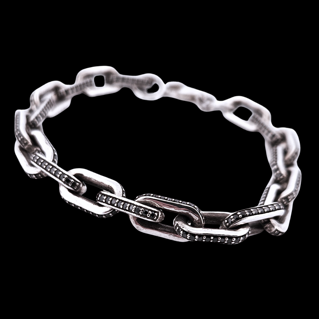 Black Gemstone Set Link Sterling Silver Bracelet