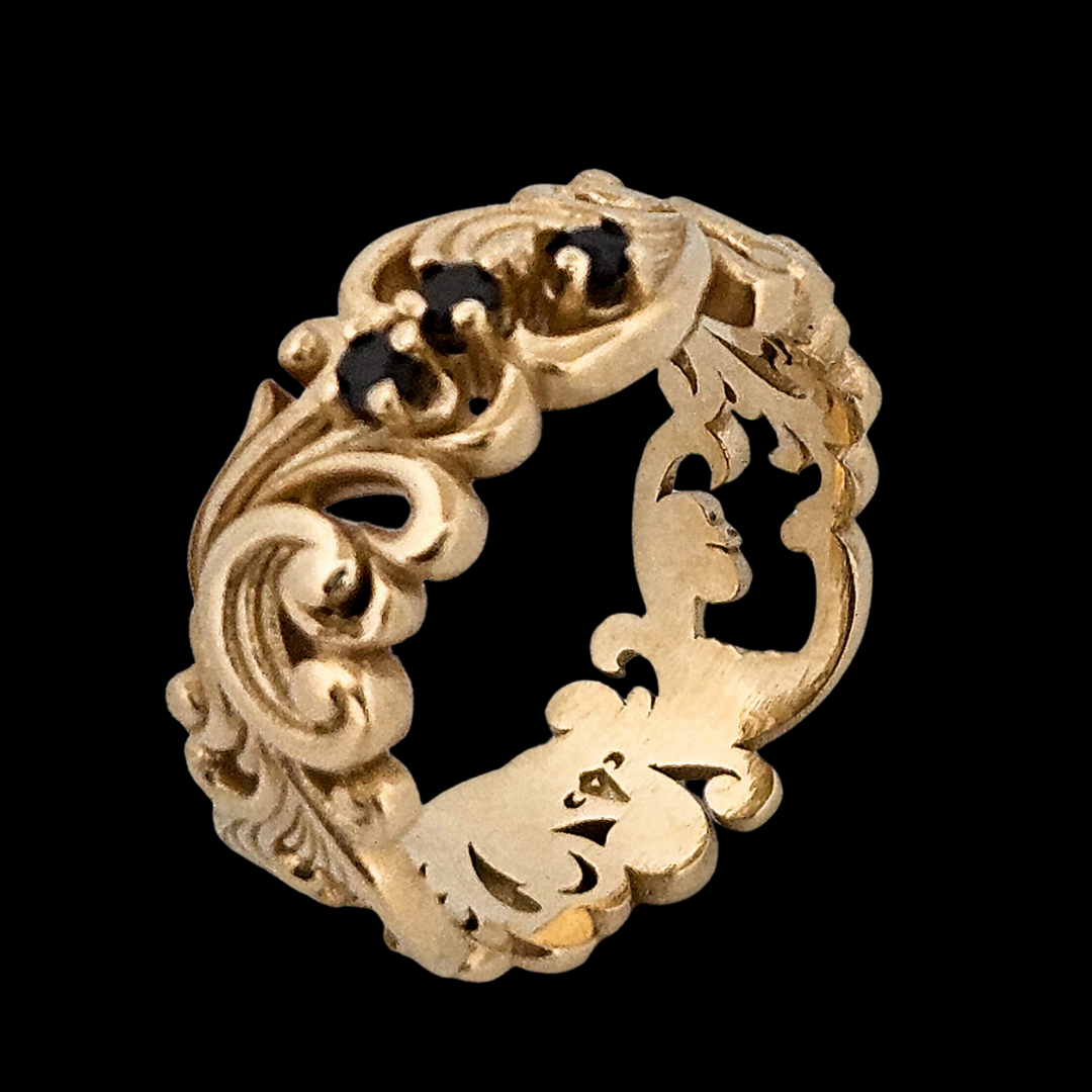 Delicate Rococo Ring Band - Gold and Black Diamonds - Inchoo Bijoux