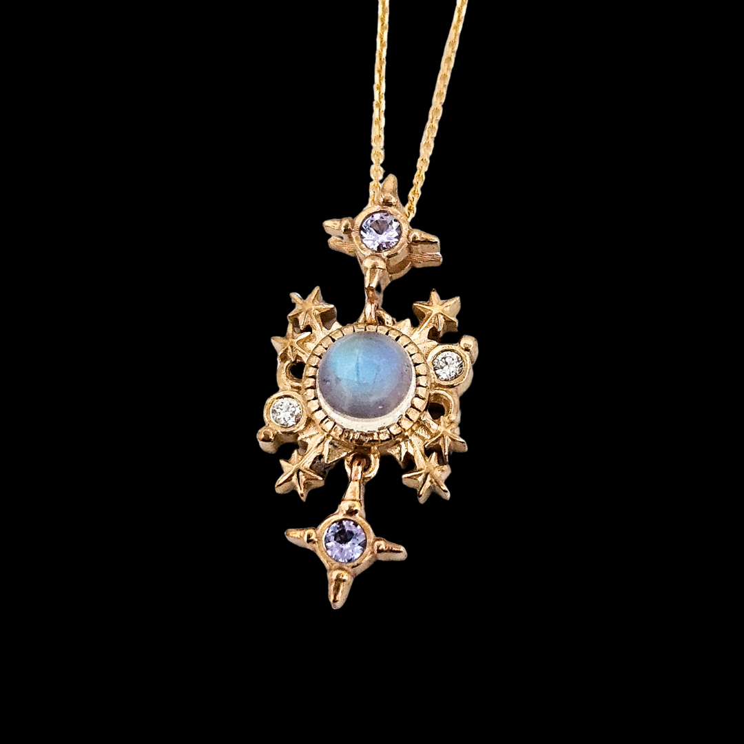 Alignement Dangle Pendant & Chain - Gold, Rainbow Moonstone, Tanzanite & Diamonds - Inchoo Bijoux