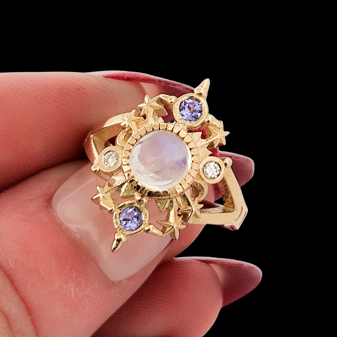 Alignement Ring - Gold, Rainbow Moonstone, Tanzanite and Diamond - Inchoo Bijoux