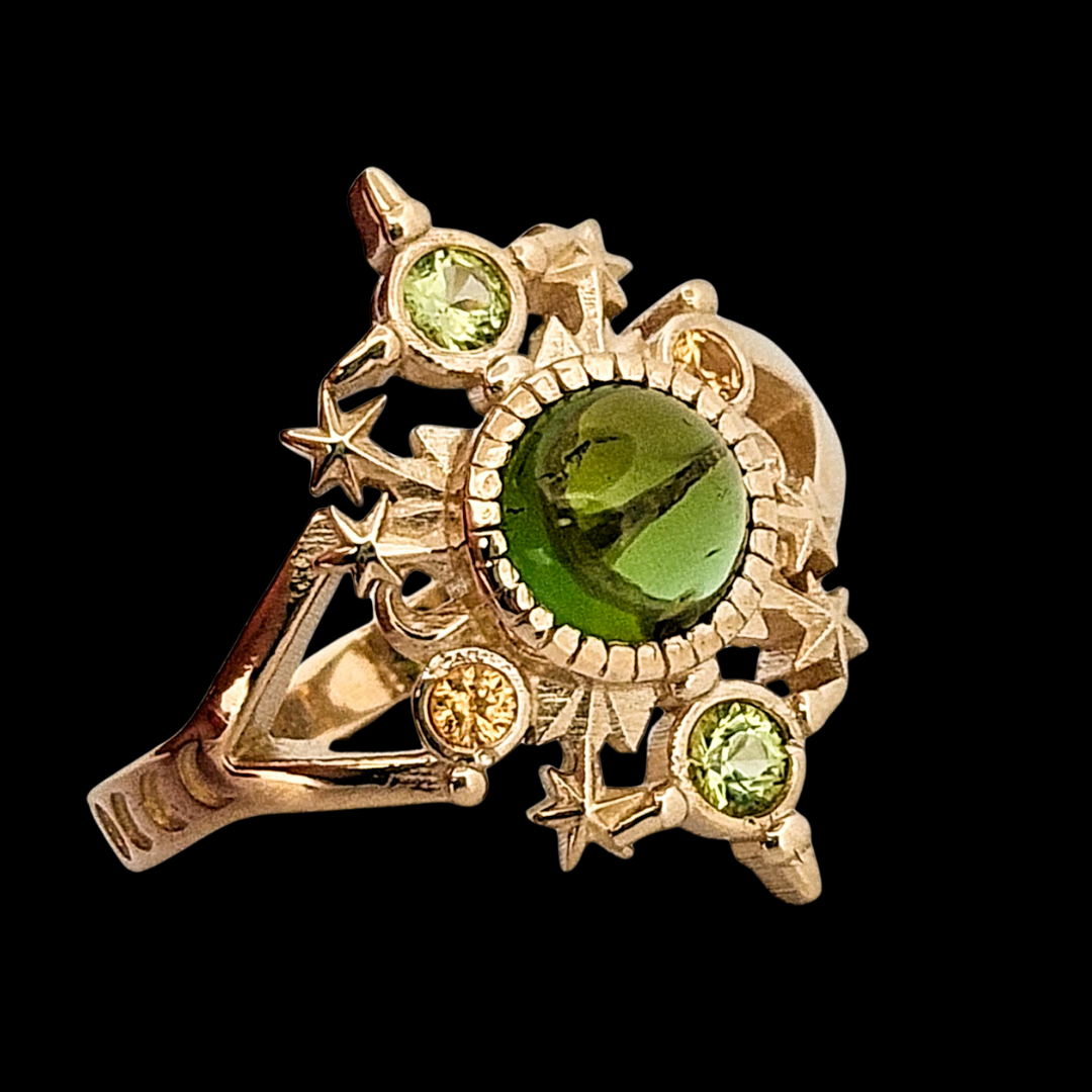 Alignement Ring - Gold, Green Tourmaline, Peridot and Yellow Sapphires - Inchoo Bijoux