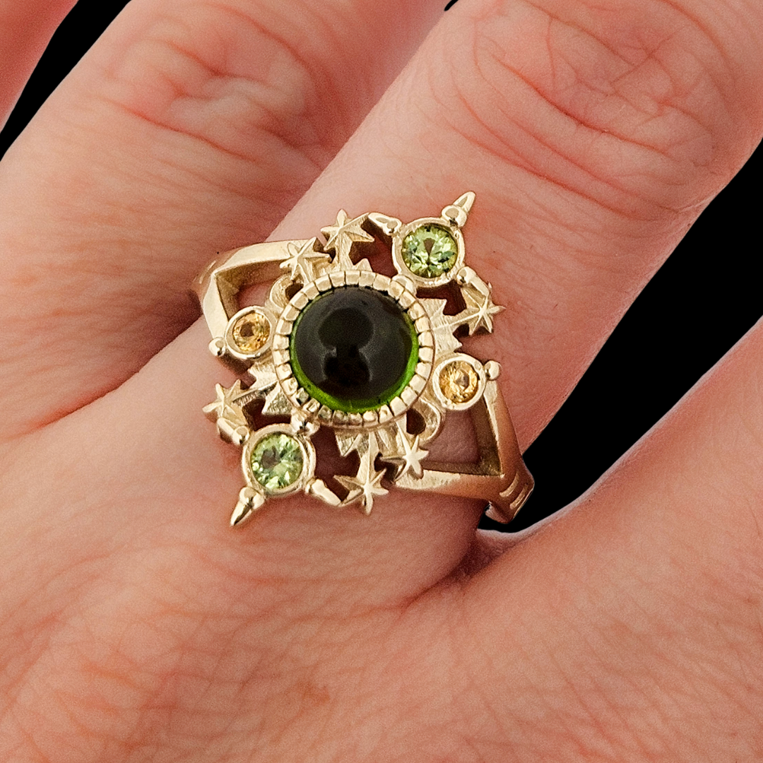 Alignement Ring - Gold, Green Tourmaline, Peridot and Yellow Sapphires - Inchoo Bijoux