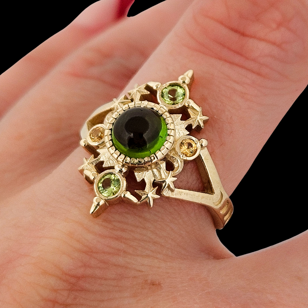 Alignement Ring - Gold, Green Tourmaline, Peridot and Yellow Sapphires - Inchoo Bijoux