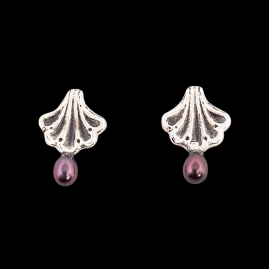 Ornate Seashell Earrings with Dark Pearls