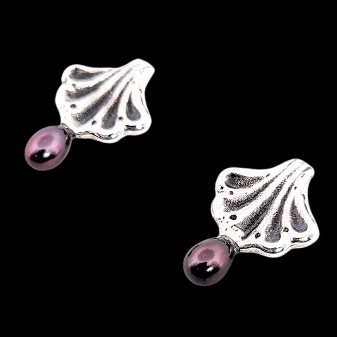 Ornate Seashell Earrings with Dark Pearls