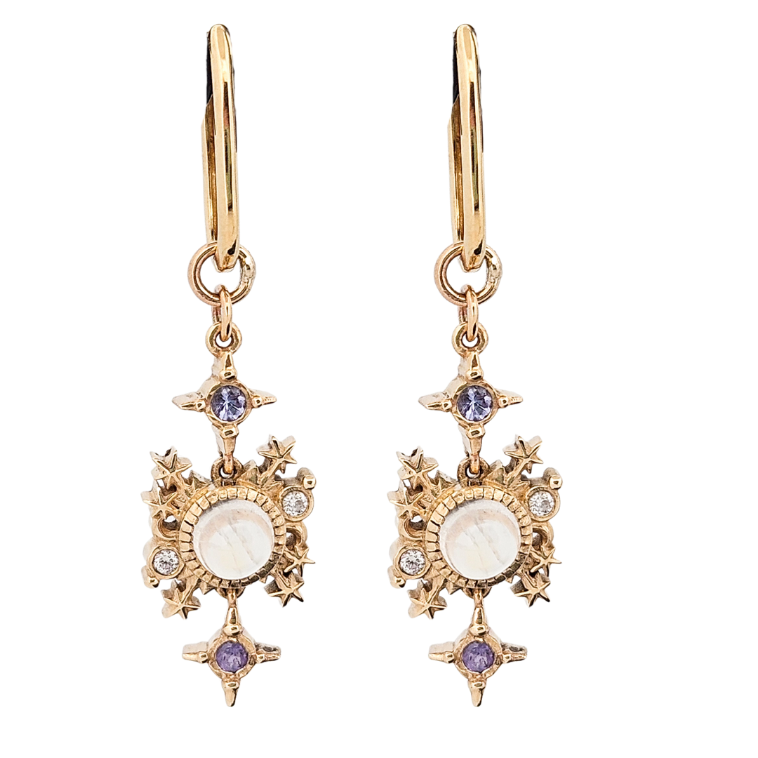 Alignement Dangle Hoop Earrings - Gold, Rainbow Moonstone, Tanzanite & Diamond - Inchoo Bijoux