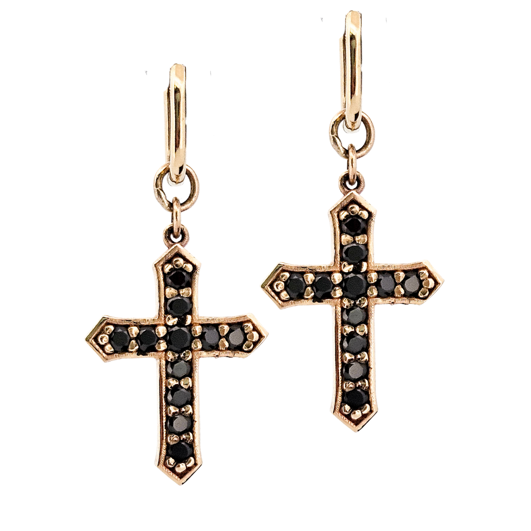 Protected Dangle Cross Earrings - Gold and Black Diamond - Inchoo Bijoux