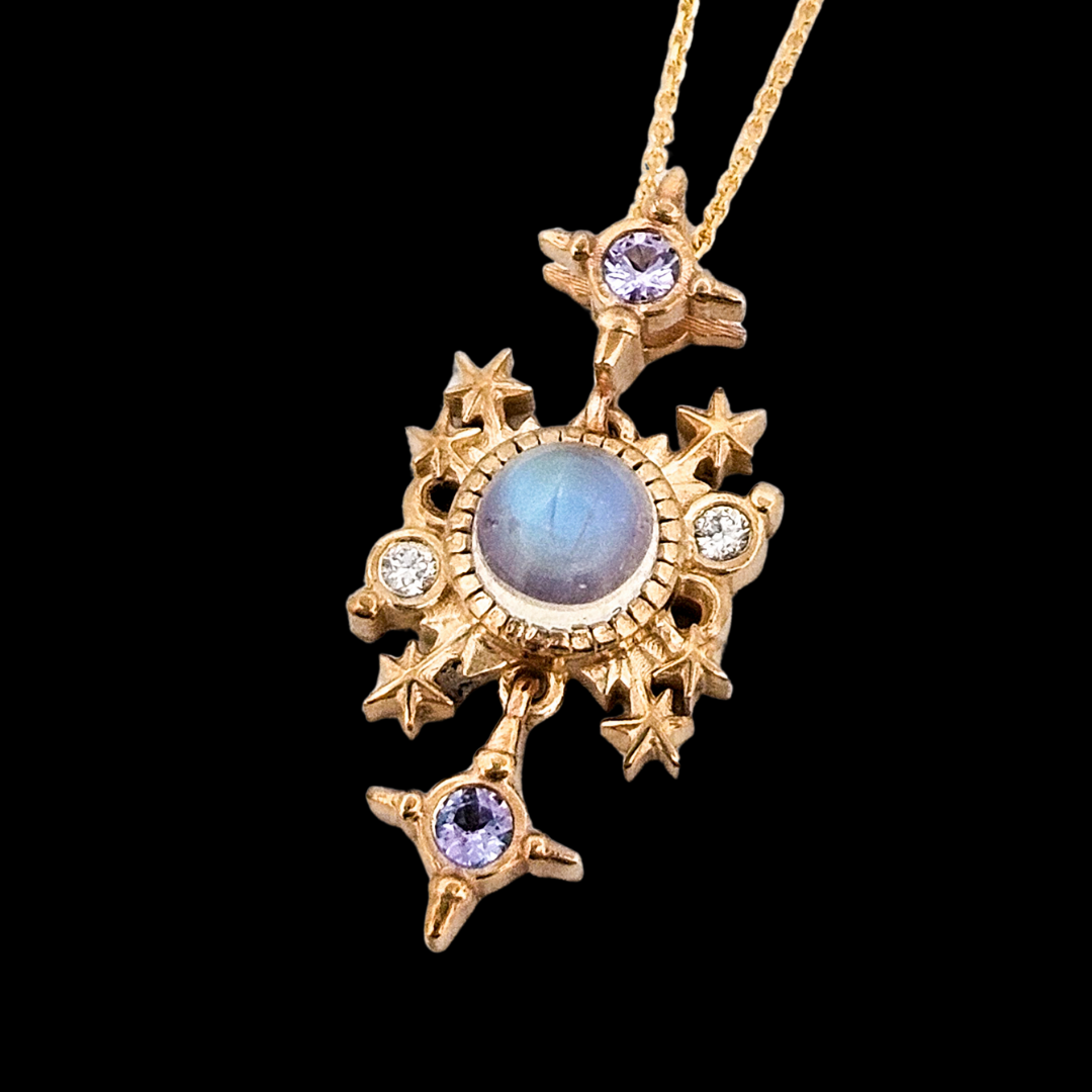 Alignement Dangle Pendant & Chain - Gold, Rainbow Moonstone, Tanzanite & Diamonds - Inchoo Bijoux