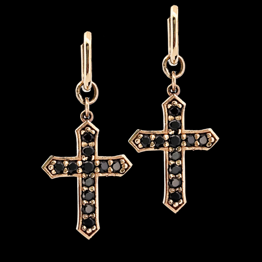 Protected Dangle Cross Earrings - Gold and Black Diamond - Inchoo Bijoux