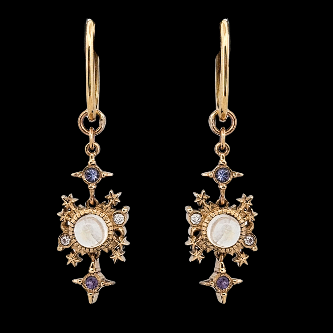 Alignement Dangle Hoop Earrings - Gold, Rainbow Moonstone, Tanzanite & Diamond - Inchoo Bijoux