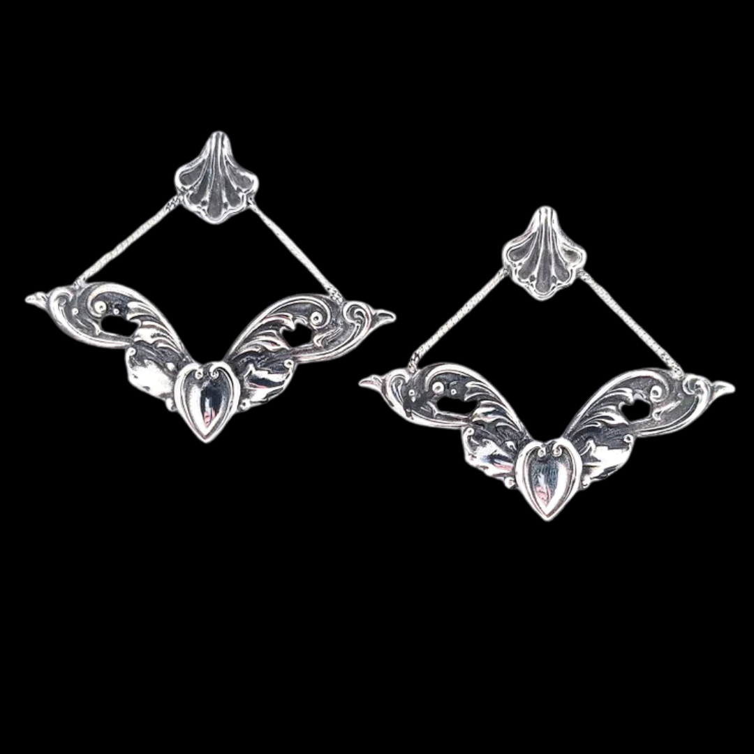 Baroque Love Architectural Earrings, Dangle Heart Ornate Studs