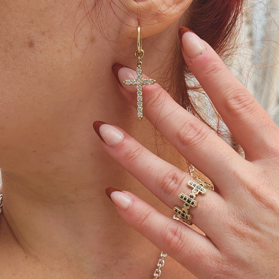 Mont Royal Dangle Cross Earrings - Gold and Diamond - Inchoo Bijoux