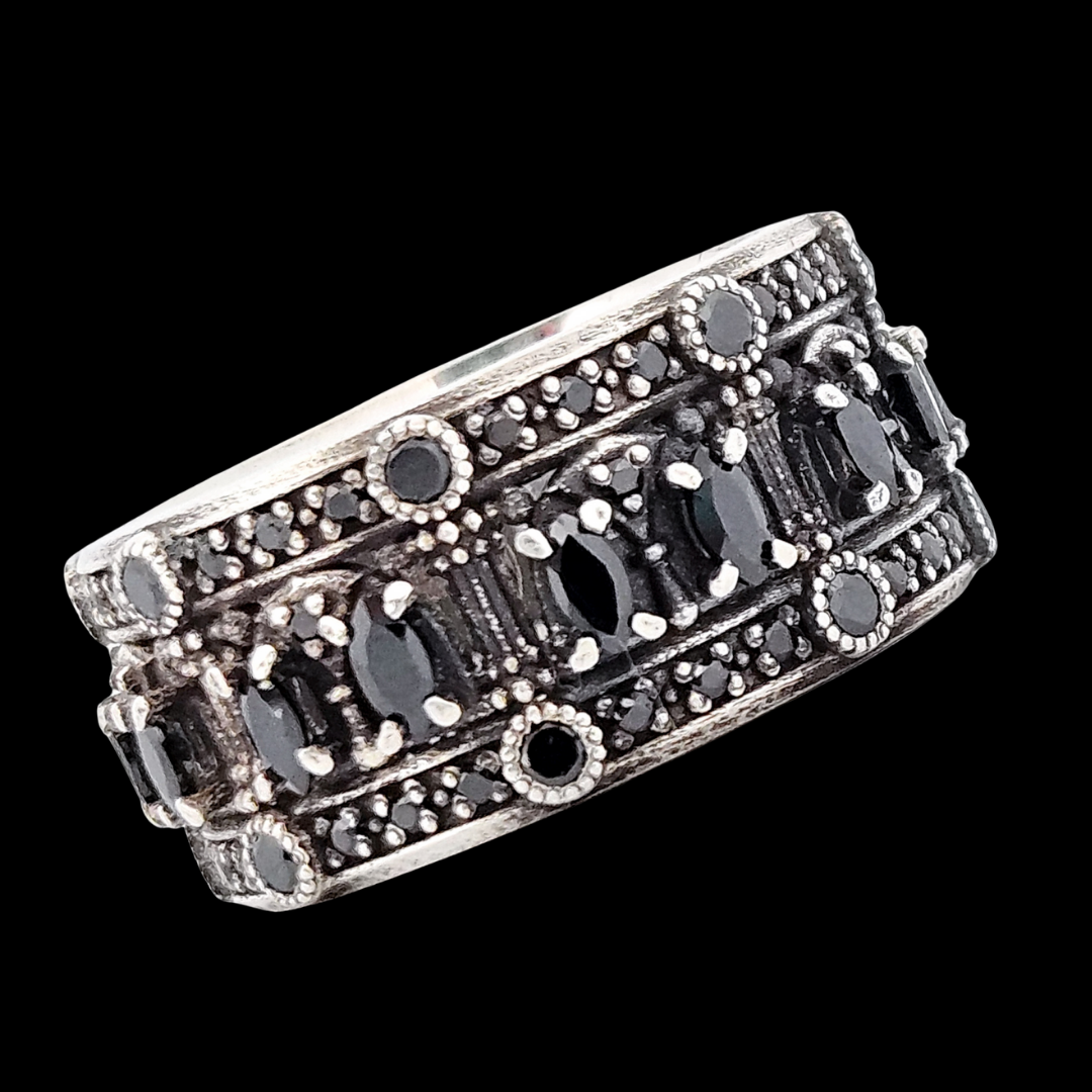Worship Me Ring Band - Sterling Silver and Black Gems