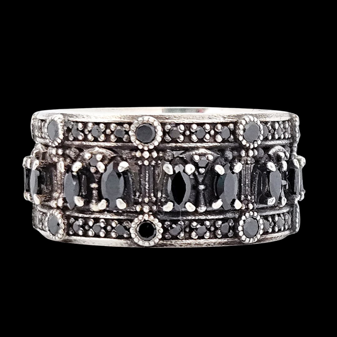 Worship Me Ring Band - Sterling Silver and Black Gems