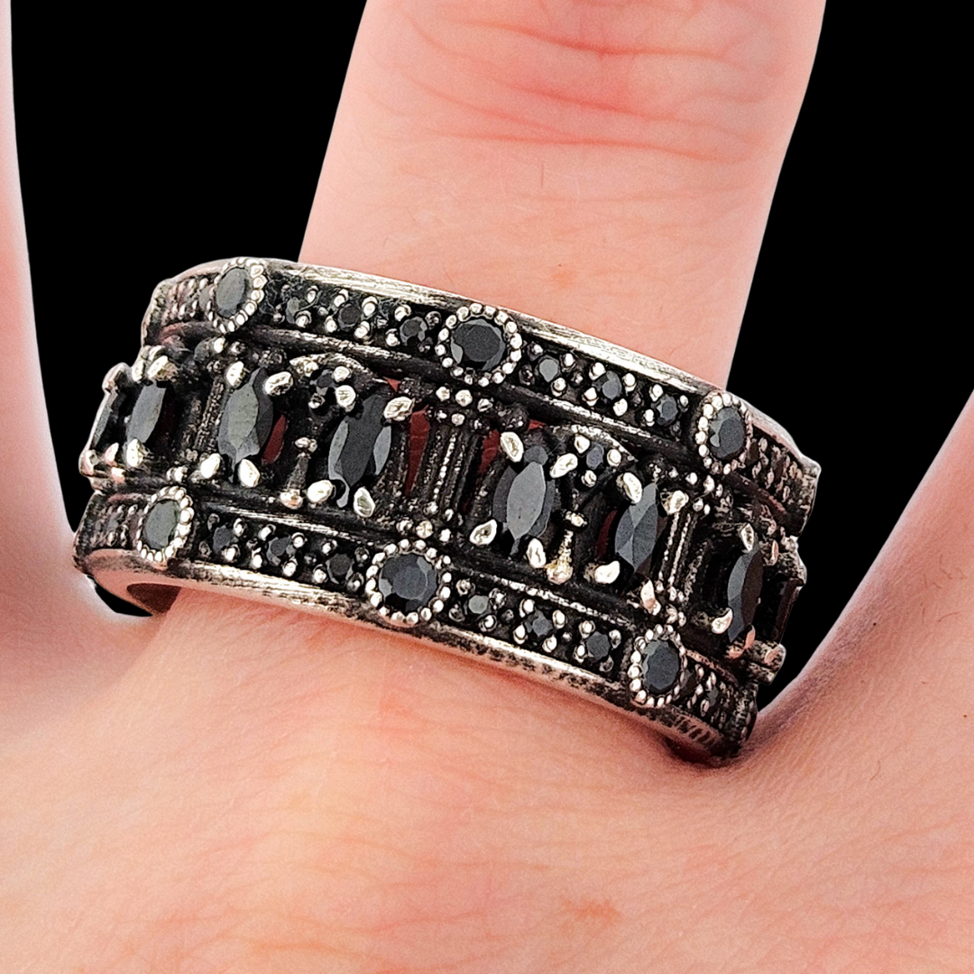 Worship Me Ring Band - Sterling Silver and Black Gems