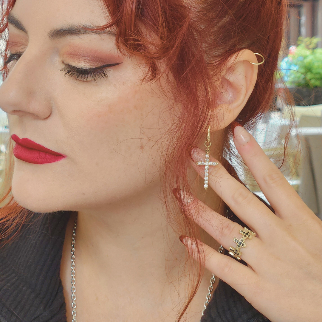 Mont Royal Dangle Cross Earrings - Gold and Diamond - Inchoo Bijoux