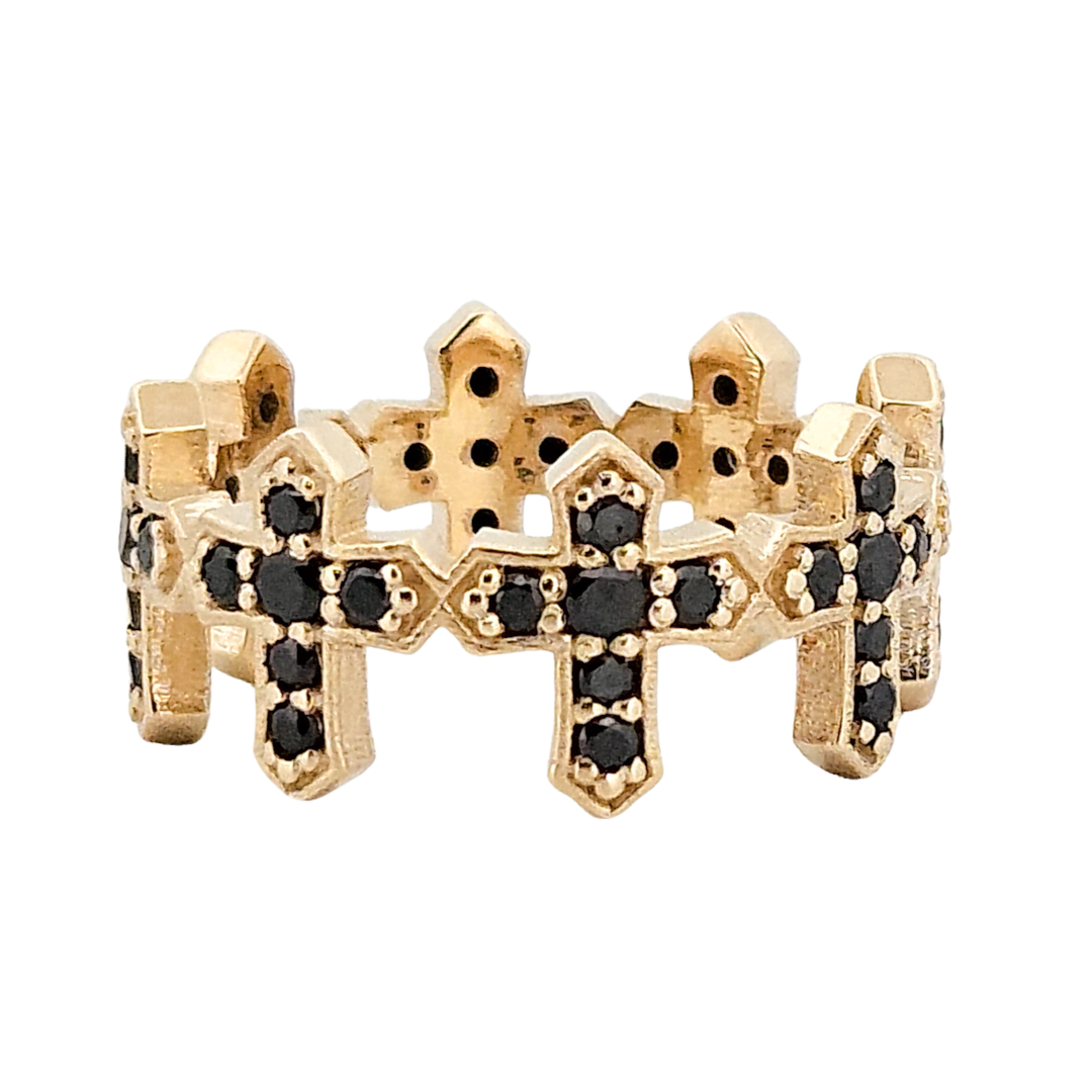 Protected Sacred Circle Ring - Gold and Black Diamonds - Eternity Cross Ring - Inchoo Bijoux