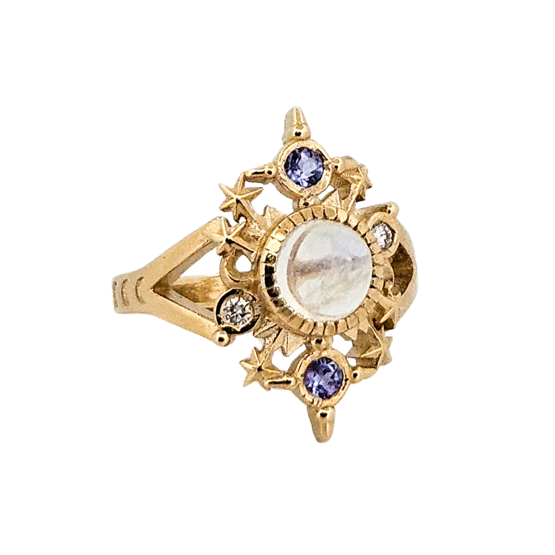 Alignement Ring - Gold, Rainbow Moonstone, Tanzanite and Diamond - Inchoo Bijoux