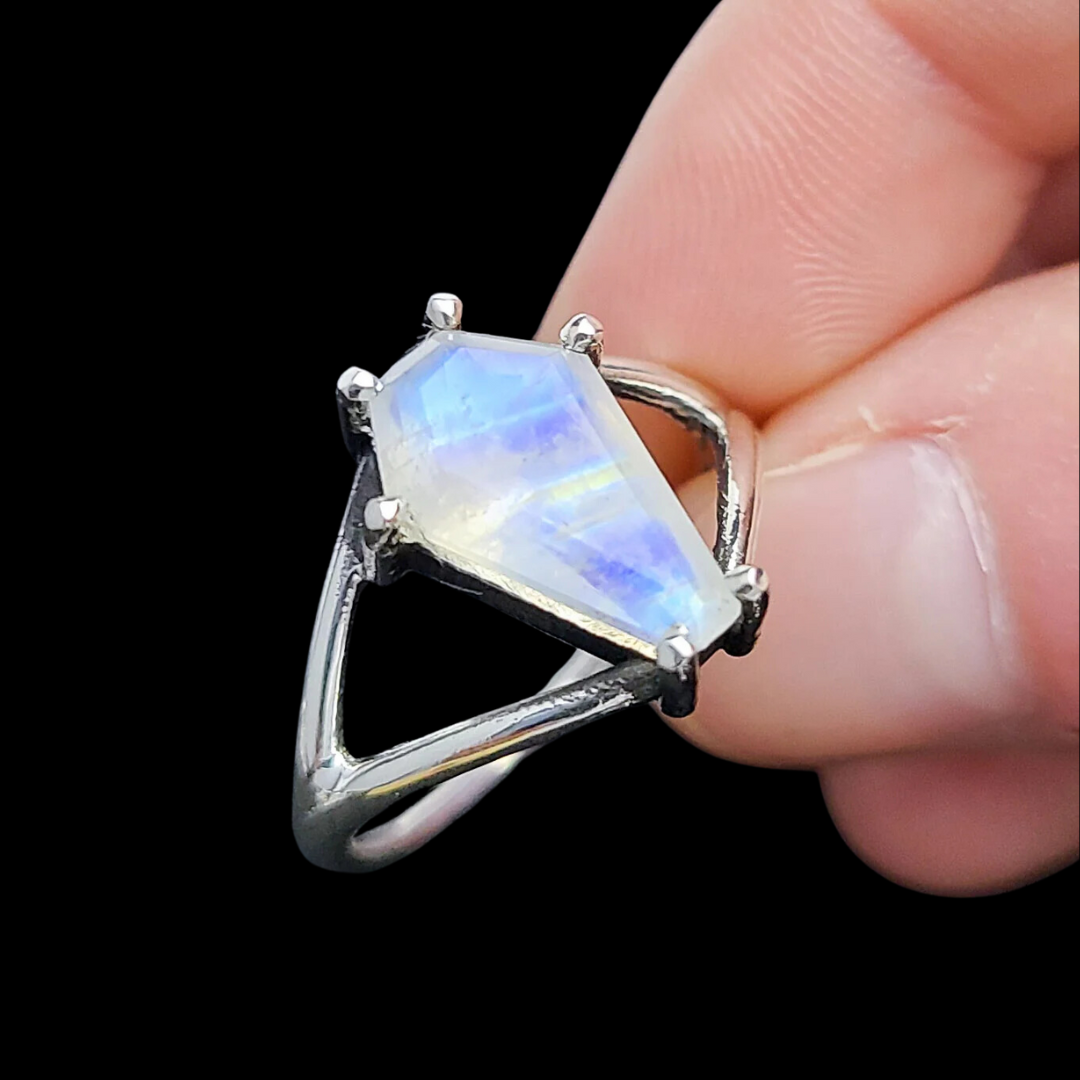 Big Rainbow Moonstone Coffin Ring (8x13) - Inchoo Bijoux