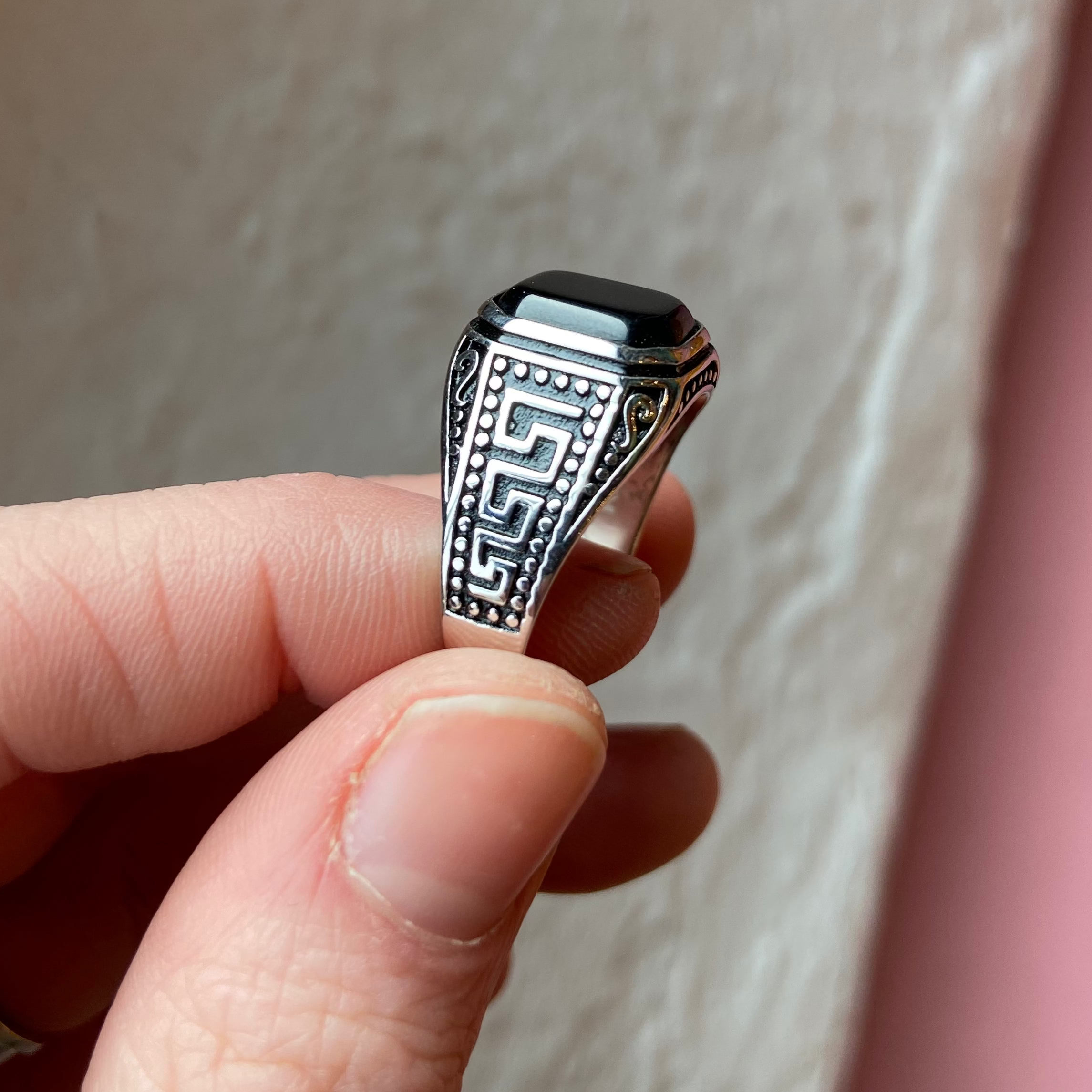 Bague Texturé Méandre / Clé Grecque - 925 Sterling Silver & Synthetic Onyx - Ring