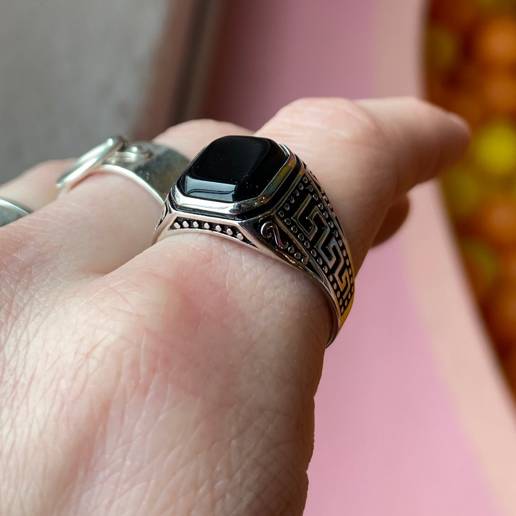 Bague Texturé Méandre / Clé Grecque - 925 Sterling Silver & Synthetic Onyx - Ring