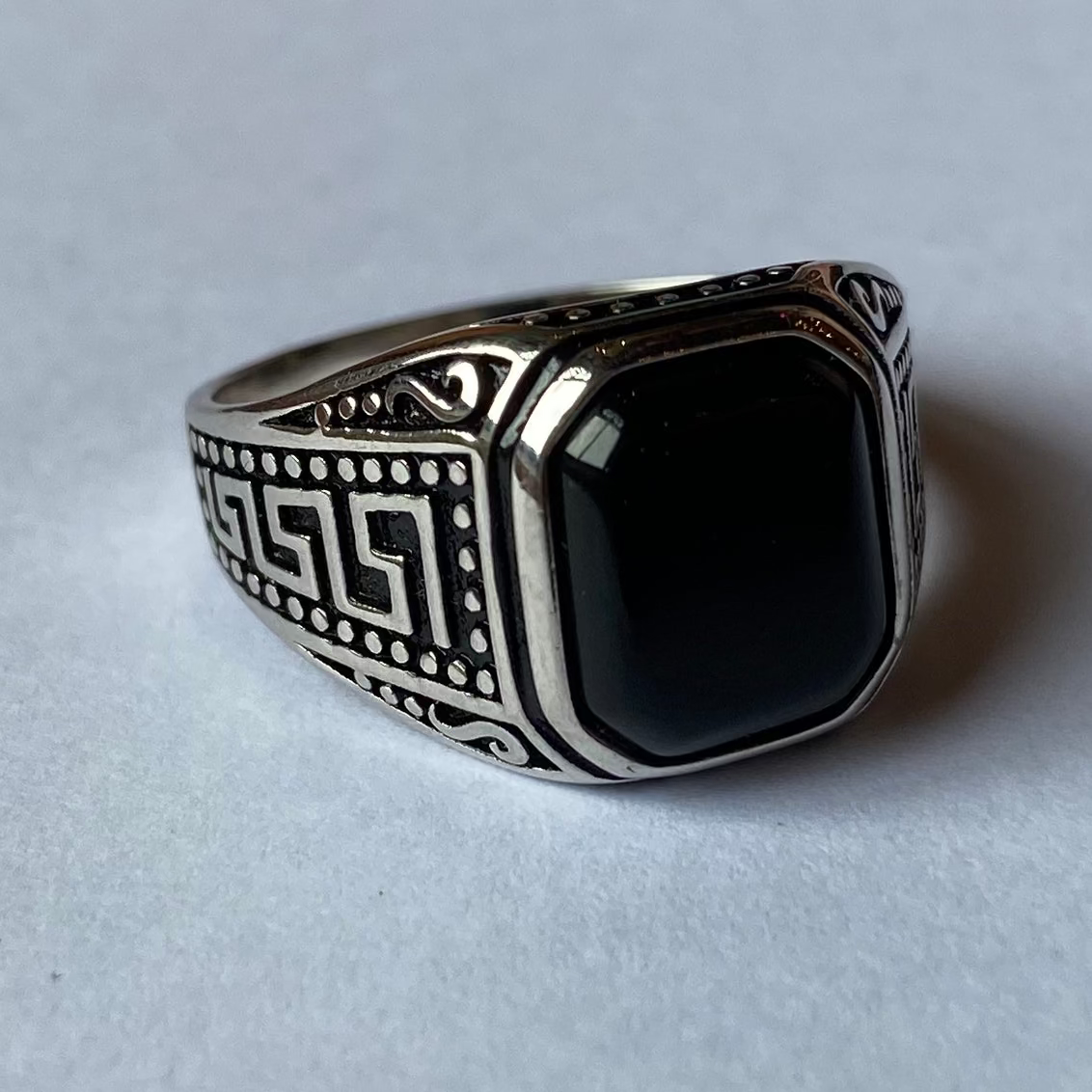 Bague Texturé Méandre / Clé Grecque - 925 Sterling Silver & Synthetic Onyx - Ring