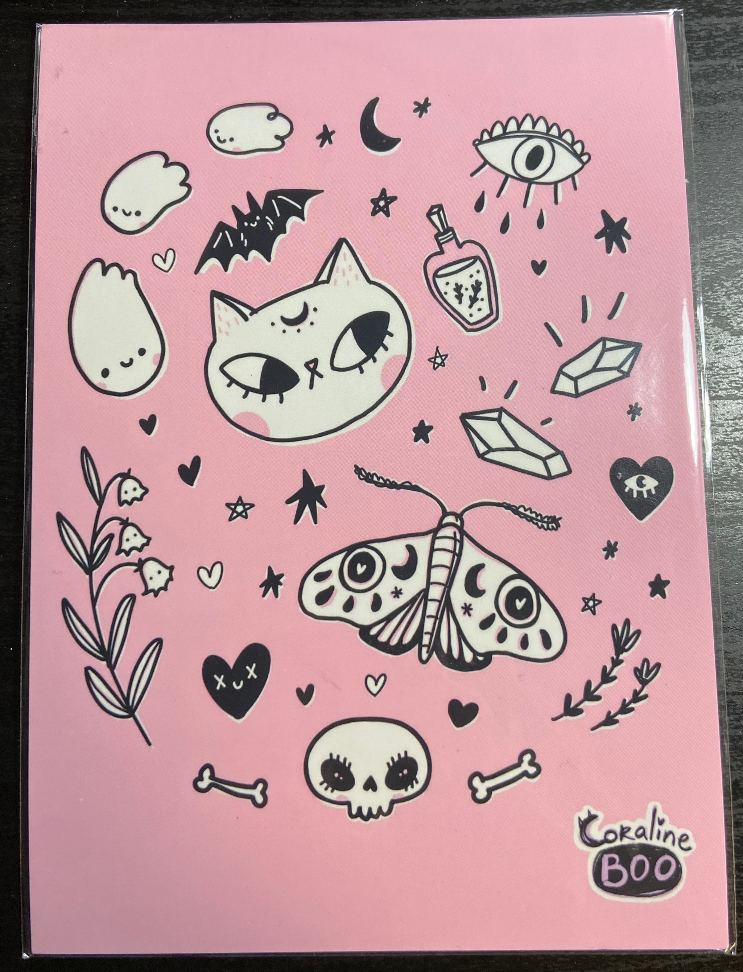 Print - Cat Moth Articles Pink Background