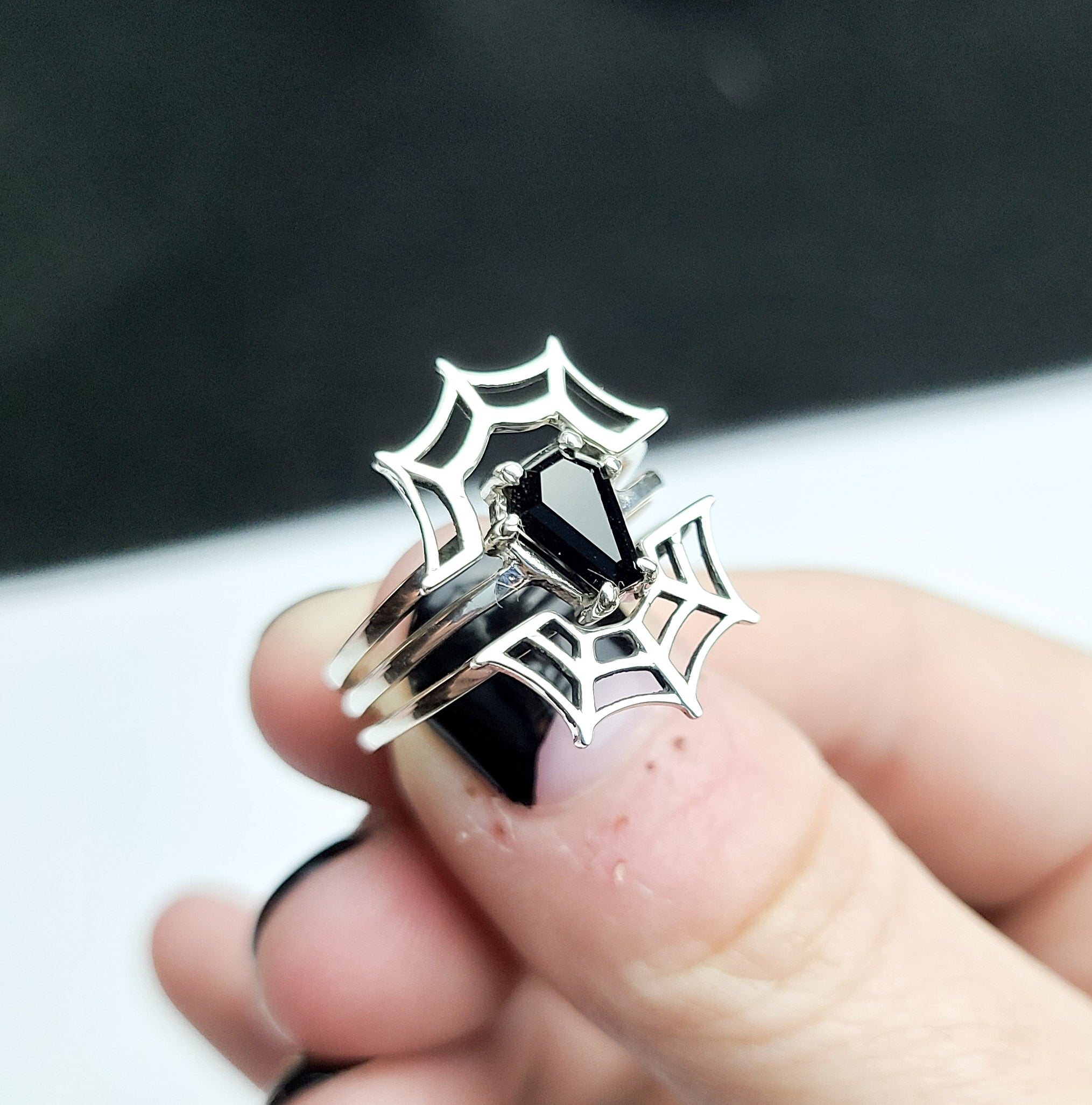 Small Coffin Sterling Silver Ring & Spider Web Set of 3 Rings - Inchoo Bijoux